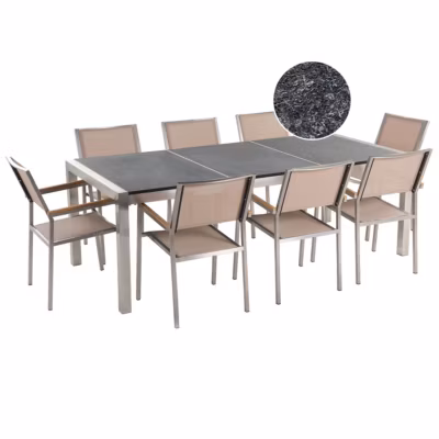 Salle à manger de jardin 8 places GROSSETO Triple plaque Granit Flammé Noir/beige