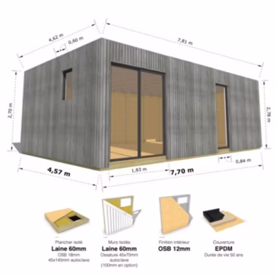 STUDIO DE JARDIN / 35,8 m2 – 7,75 x 4,62m / Plancher isolé / Bardage Gris / Intérieur OSB / Livraison Gratuite