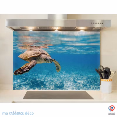 Crédence cuisine fond de hotte Tortue marine aux Seychelles – Verre trempé – L 90 cm x H 50 cm – MaCrédenceDéco