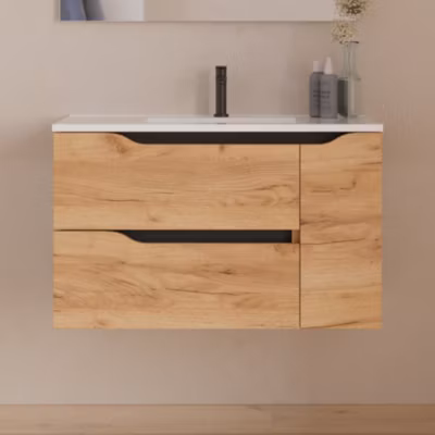 Meuble de salle de bain 80cm avec vasque centrée – sans miroir – 2 tiroirs et 1 placard – roble – ZARZA