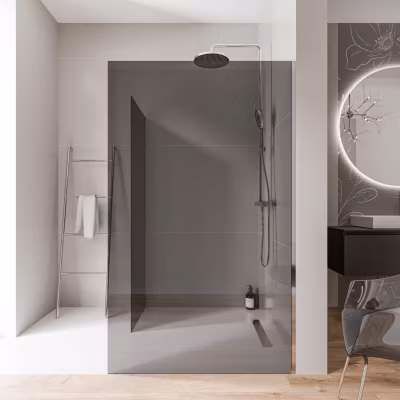 2 Parois de douche italienne d&rsquo;angle 120x200cm + 100cm, verre fumé NANO 10mm, profilé mural inox chrome, sans profilé sol – EX102
