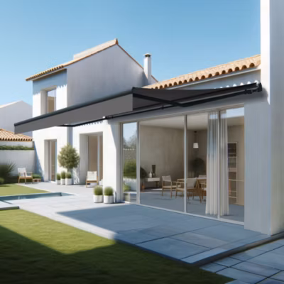 Store banne monobloc ESPAI 6,00×3,00m (Motorisé à télécommande + manœuvre de secours – Gris Graphite – Gris anthracite)