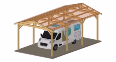 Carport deux pentes 350cmx1050cm Bois DOUGLAS Français label PEFC  (Charpente – Auvent – Abri Camping-car) surface 37 m²