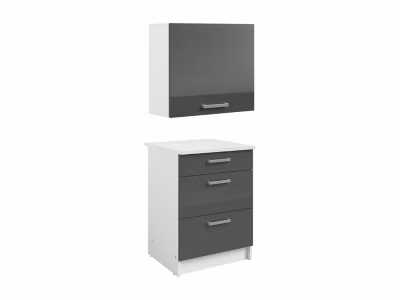 Caissons de cuisine – 1 meuble bas & 1 meuble haut – 3 tiroirs & 1 porte – Gris brillant et blanc – TRATTORIA