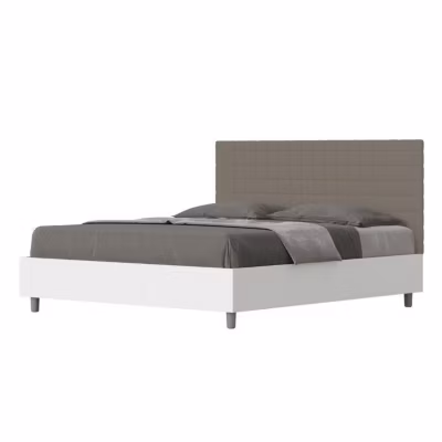 Lit avec sommier 160×190, structure frêne blanc, tête de lit mélamine/simili cuir burmy cappuccino
