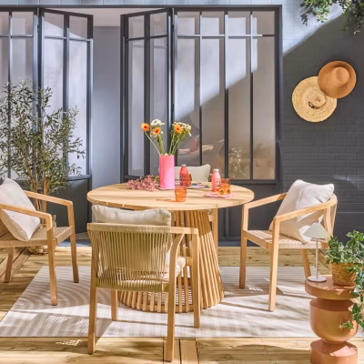 Table à manger intérieur/extérieur bois d&rsquo;acacia + 4 assises en bois et corde beige