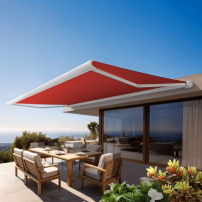 Store banne Coffre intégral PROTECT 2 Blanc 5×3,5m Motorisé à télécommande – Toile Rouge
