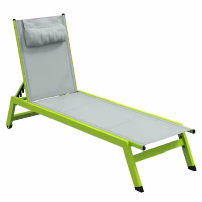 Bain de soleil transat inclinable 5 positions – tétière, 2 roulettes – alu. textilène vert