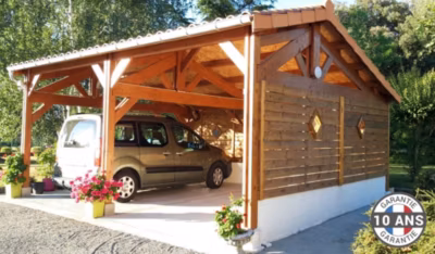 Carport 2 pentes faitage décalé, 600cm x 500cm,Pin DOUGLAS Français  (Charpente en bois-auvent-abri voiture)30 m².Garantie 10 ans