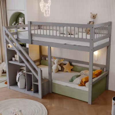 Lit Superposé 90×200 cm – Lit enfant avec Échelle et Rangement Intégré, Structure en Bois Massif, Sans Matelas – Gris