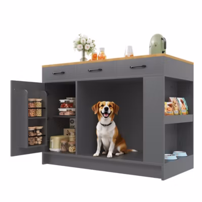 Armoire îlot 120x60x90 cm, 3 tiroirs, étagère à épices, espace animaux – gris