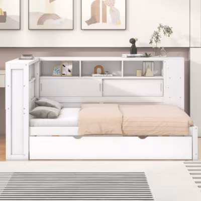 Canapé-lit 90×200 cm avec lit gigogne 90×190 cm, nombreux rangements et prise USB, panneaux de particules