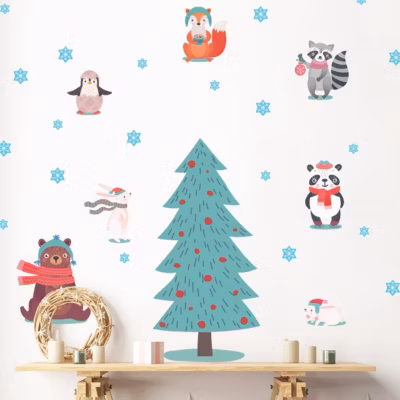Stickers Noël animaux scandinaves sous la neige – Autocollants stickers adhésifs noël – décoration fêtes – 135x90cm