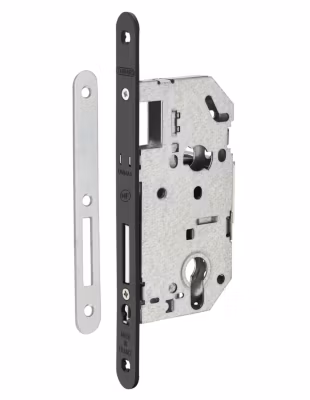 Boitier de serrure encastrable Unimax NF à cylindre pour entrée, pêne dorm. seul, axe 50mm, bouts ronds, noir – THIRARD