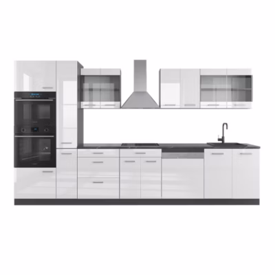 Vicco Cuisine  Blanc brillant/Anthracite 350cm avec armoire haute, PT Anthracite