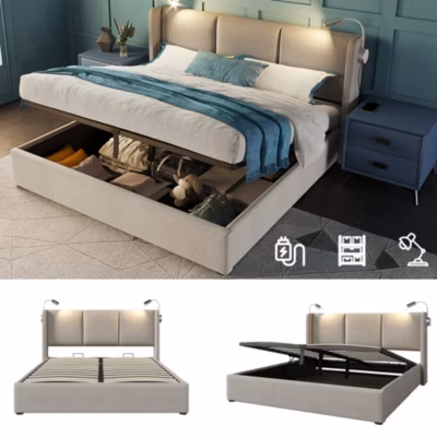Lit 140×200 cm avec sommier relevable et coffre de rangement, tête de lit tapissée lin beige, cadre métal