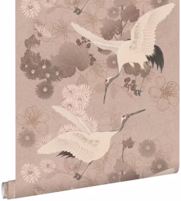 ESTAhome papier peint oiseaux de grue gris rose 50 x 900 cm