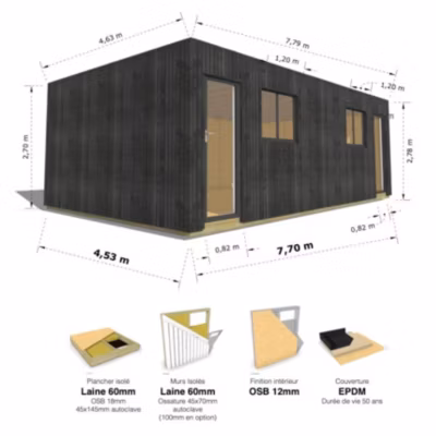 STUDIO DE JARDIN / 35,8 m2 – 7,75 x 4,62m / Plancher isolé / Bardage Noir / Intérieur OSB / Livraison Gratuite