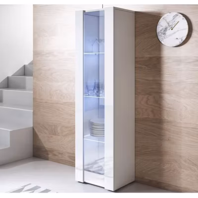 Vitrine LED contemporaine – Blanc brillant – 1 porte – 4 compart. – 40x167x29 cm