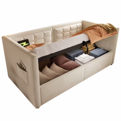 Canapé 3 places convertible 200x90x85 cm avec coffre de rangement en tissu, design contemporain