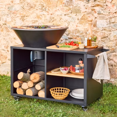 Brasero barbecue D.80cm. grille de cuisson. stockage bois. coloris noir + housse de protection. L 138 x P 82 x H 114 cm