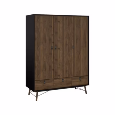 Garde-robe 3 portes Virgil, Meubles de chambre, Penderie de plain-pied, Placard à vêtements, 150×60 h200 cm, Noir et Noyer