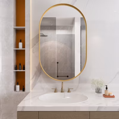 Armoire à miroir ovale dorée avec cadre métal, armoire murale à étagères réglables, rangement salle de bain, salon ou chambre