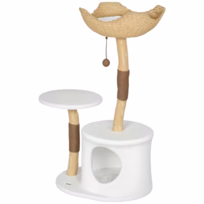 Arbre à chat bois design naturel griffoirs boule chanvre panier observation tressé coussin niche