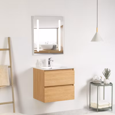 Pack Meuble prémonté 60 bois-Vasque résine-Robinet chromé-Miroir ELY – bain-bain
