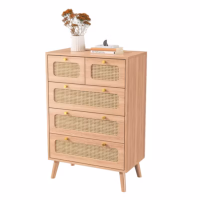Commode Moderne En Bois Et Rotin Avec 5 Tiroirs, Meuble De Rangement Multifonctionnel Pour Chambre