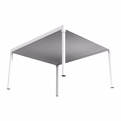 Pergola bioclimatique îlot – DUNIA – vérin à télécommande (Blanc brillant – 4.00m x 3.013m)