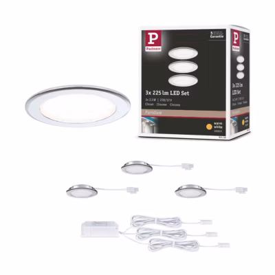 Éclairages encastrés LED pour meubles Kit de 3 rond 65 mm 3×2,5W 3x180lm 230/12V 3000K Chrome