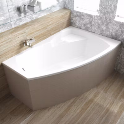 Baignoire asymétrique 140 x 90 Droite FRIDA acrylique blanc + Habillage en polystyrène + Pieds + Vidage à chromé
