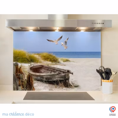 Crédence cuisine fond de hotte Dunes et mouettes – Verre trempé – L 90 cm x H 50 cm – MaCrédenceDéco