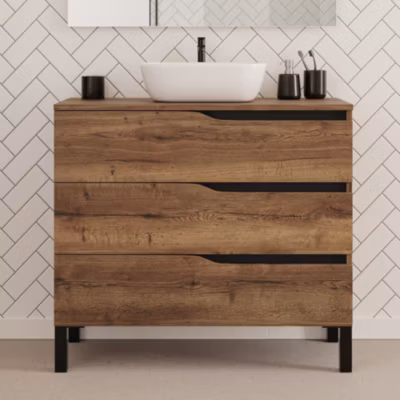 Meuble de salle de bain 90cm avec plateau et vasque à poser zeus – 3 tiroirs – sans miroir – tabaco (chêne foncé) – MATA