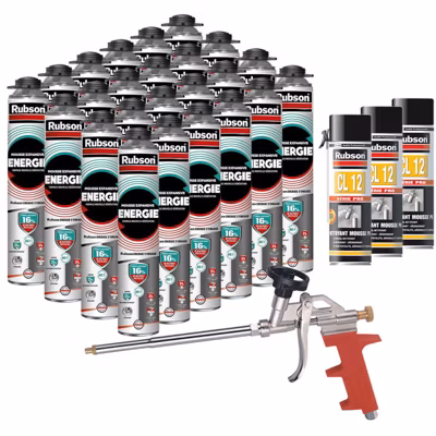 RUBSON Pack de 24 Mousses Expansives Énergie Pistolable Gris 750ml + 3 Nettoyants CL12 + Pistolet
