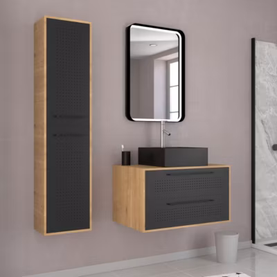 Meuble Salle de Bains 80 cm, Vasque Carrée, Miroir Led et Colonne – Chêne naturel et Noir – UBY