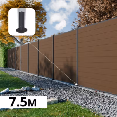 Kit Clôture Composite RIO Bronze 7,5×1,8m – Bois composite & Aluminium – Poteaux sur Platines Gris – Brise vue – Palissade