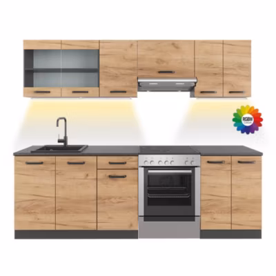 Vicco Ligne de cuisine Chêne doré/anthracite 240cm , PT À motifs noirs avec bande LED