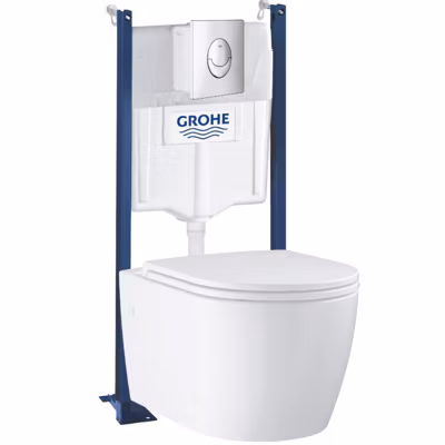 Pack WC suspendu sans bride GROHE Start Round Ceramic  + abattant frein de chute + Bâti-support mur + Plaque chromé