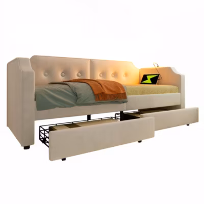 Lit 90×200 cm avec 2 tiroirs de rangement, tapissé velours beige, USB C et liseuse intégrée