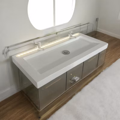 Plan Double Vasque en béton fibré cimenté blanc 80×47 avec LED à capteur double robinetterie