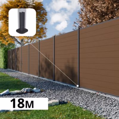 Kit Clôture Composite RIO Bronze 18×1,8m – Bois composite & Aluminium – Poteaux sur Platines Gris – Brise vue – Palissade