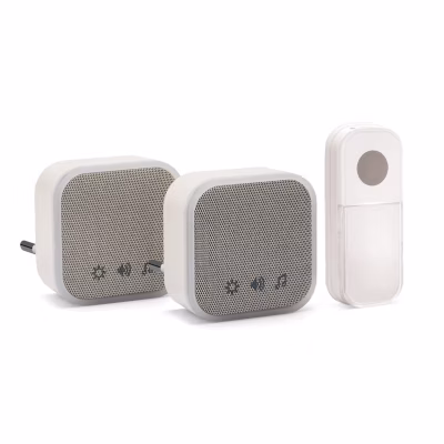 TWEED : Lot de 2 carillons avec prise + 1 bouton-sonnette, 150m, 36 mélodies. Blanc