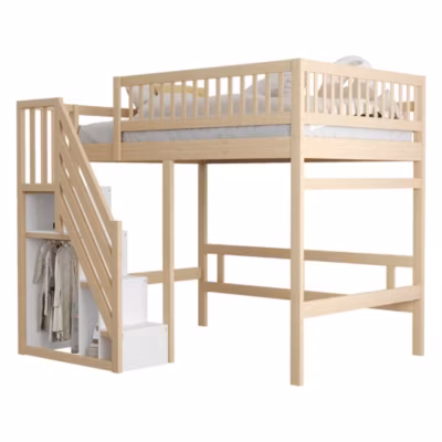 Lit 140×200 cm en bois massif avec escalier de rangement et barrière haute, style naturel