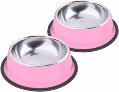 Lot de 2 Gamelle en Acier Inoxydable avec Base en Caoutchouc Antidérapant pour Les Petits Chien et Chat rose