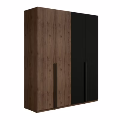Armoire 4 portes NORVIK  Coloris noyer et noir  Rangement optimisé avec penderie et étagères