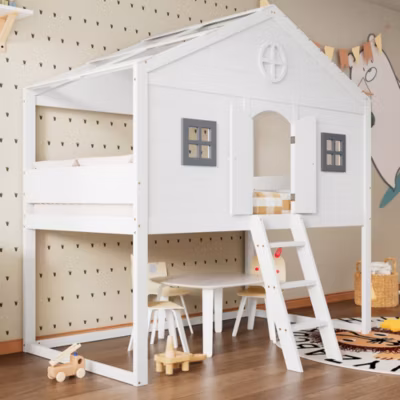 Lit maison 90×200 cm, avec échelle, barrière de sécurité, fenêtres grises, cadre en pin