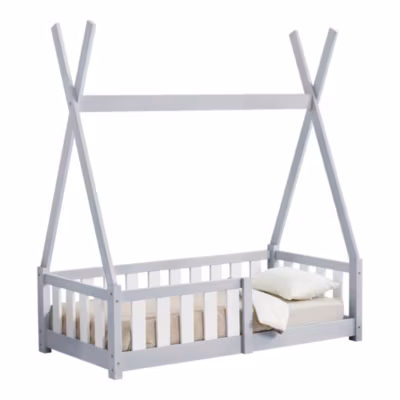 Lit Tipi pour Enfants Helsingborg avec Grille de Sécurité Pin 140 x 70 cm Gris Clair en.casa