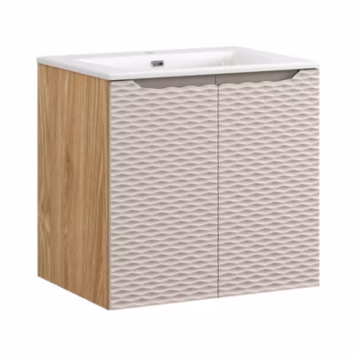 Ensemble de salle de bain YOKA beige : meuble sous vasque à placards 60 cm et vasque à encastrer